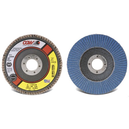 Cgw Abrasives Contaminant-Free Premium Regular Coated Abrasive Flap Disc With Grinding Aid, 4-1/2 in Dia, 80 Grit, 31205